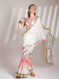 White Linen Printed Saree With Blouse Piece