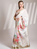 White Linen Printed Saree With Blouse Piece