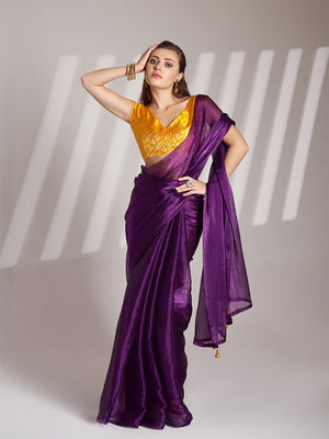 Purple Organza Solid Saree With Blouse Piece