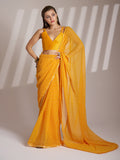 Yellow Georgette Printed Saree With Blouse Piece