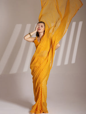 Yellow Georgette Printed Saree With Blouse Piece