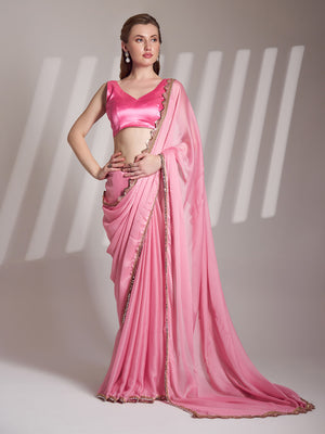 Pink Chiffon Solid Saree With Blouse Piece