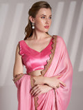 Pink Chiffon Solid Saree With Blouse Piece