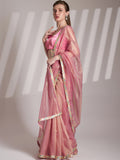 Pink Twill Net Solid Saree With Blouse Piece