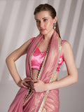 Pink Twill Net Solid Saree With Blouse Piece