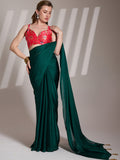 Green Satin Solid Saree With Blouse Piece