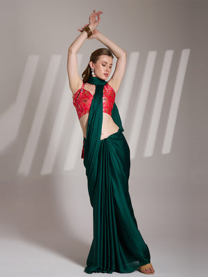 Green Satin Solid Saree With Blouse Piece