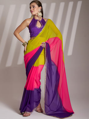 Multicolor Georgette Colorblocked Saree With Blouse Piece