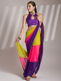 Multicolor Georgette Colorblocked Saree With Blouse Piece