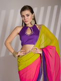 Multicolor Georgette Colorblocked Saree With Blouse Piece