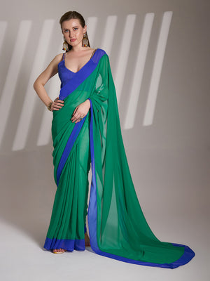 Green And Blue Georgette Colorblocked Saree With Blouse Piece