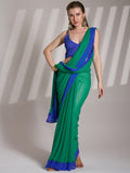 Green And Blue Georgette Colorblocked Saree With Blouse Piece