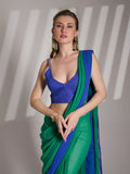 Green And Blue Georgette Colorblocked Saree With Blouse Piece