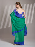 Green And Blue Georgette Colorblocked Saree With Blouse Piece