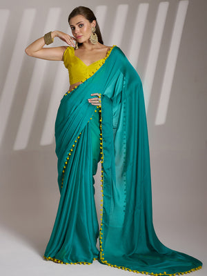 Sea Green And Yellow Chiffon Solid Saree With Blouse Piece