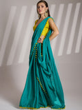 Sea Green And Yellow Chiffon Solid Saree With Blouse Piece