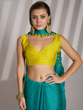 Sea Green And Yellow Chiffon Solid Saree With Blouse Piece