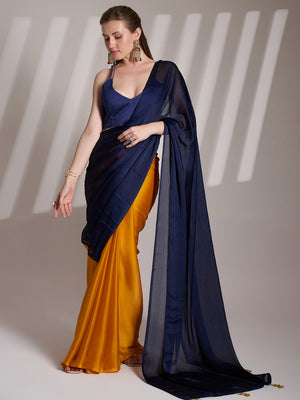 Blue And Mustard Satin Colorblocked Saree With Blouse Piece