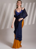 Blue And Mustard Satin Colorblocked Saree With Blouse Piece