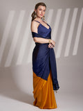 Blue And Mustard Satin Colorblocked Saree With Blouse Piece