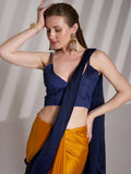 Blue And Mustard Satin Colorblocked Saree With Blouse Piece