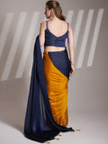 Blue And Mustard Satin Colorblocked Saree With Blouse Piece