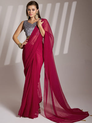 Hot Pink Shimmer Solid Saree With Blouse Piece