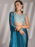 Sea Blue Organza Solid Saree With Blouse Piece