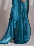 Sea Blue Organza Solid Saree With Blouse Piece