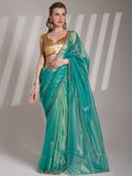 Sea Green Twill Net Solid Saree With Blouse Piece