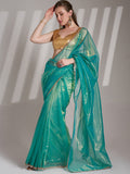 Sea Green Twill Net Solid Saree With Blouse Piece