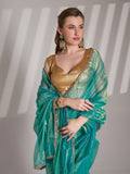 Sea Green Twill Net Solid Saree With Blouse Piece