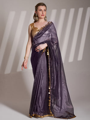 Purple Twill Net Solid Saree With Blouse Piece