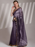 Purple Twill Net Solid Saree With Blouse Piece