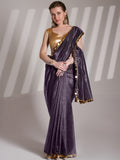 Purple Twill Net Solid Saree With Blouse Piece