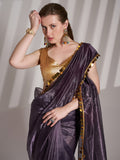 Purple Twill Net Solid Saree With Blouse Piece