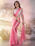 Light Pink Satin Solid Saree With Blouse Piece