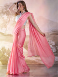 Light Pink Satin Solid Saree With Blouse Piece