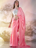 Light Pink Satin Solid Saree With Blouse Piece