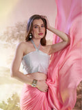 Light Pink Satin Solid Saree With Blouse Piece