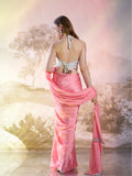 Light Pink Satin Solid Saree With Blouse Piece