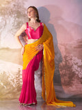 Mustard And Pink Chiffon Colorblocked Saree With Blouse Piece