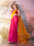 Mustard And Pink Chiffon Colorblocked Saree With Blouse Piece