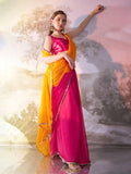 Mustard And Pink Chiffon Colorblocked Saree With Blouse Piece