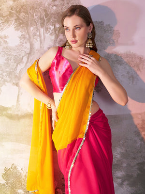 Mustard And Pink Chiffon Colorblocked Saree With Blouse Piece