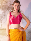 Mustard And Pink Chiffon Colorblocked Saree With Blouse Piece