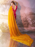 Mustard And Pink Chiffon Colorblocked Saree With Blouse Piece