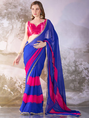 Pink And Blue Georgette Colorblocked Saree With Blouse Piece