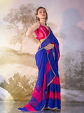 Pink And Blue Georgette Colorblocked Saree With Blouse Piece