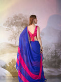 Pink And Blue Georgette Colorblocked Saree With Blouse Piece